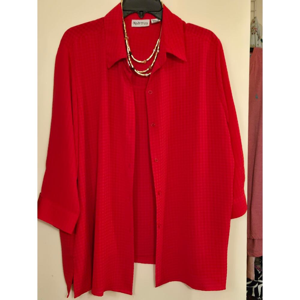 Apparenza Cherry Red button-down blouse, attached shell / tank top - Size XL